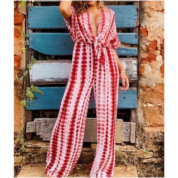 024 Bohemian Red Front tie Tie Dye wide leg Jumpsuit - Picture 2 of 7